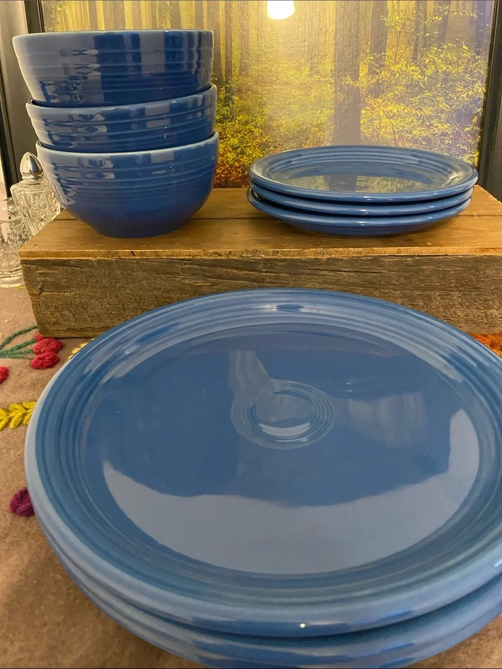 Fiesta Blue Ceramic Dinner Plates & Bowls Set.  Three of each, no damage
